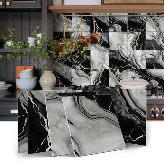 12 Pcs Peel and Stick Tiles Wall Stickers Black and Gray Marbling 5.9" x 5.9" Self Adhesive Waterproof Kitchen Backsplash Bathroom Decals