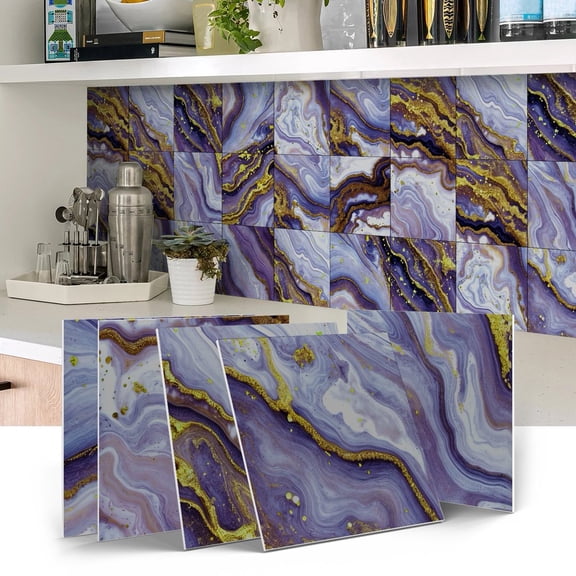 12 Pcs Peel and Stick Tiles Wall Stickers Purple Gold and Gray Marbling 5.9" x 5.9" Self Adhesive Waterproof Kitchen Backsplash Decals