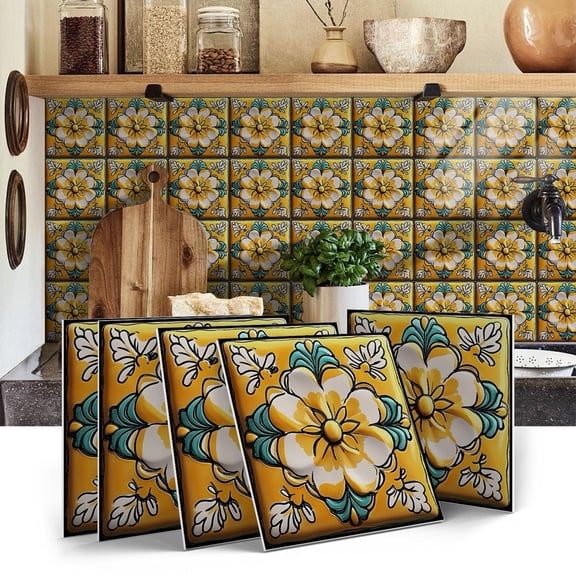 12 Pcs Peel and Stick Tiles Wall Stickers Yellow Green Beige Floral Pattern Decoration 5.9" x 5.9" Self Adhesive Waterproof Backsplash Decals