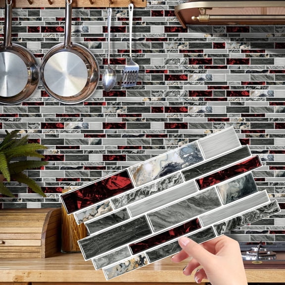 12 Pcs Peel and Stick Waterproof Tiles Stickers 4.72" x 9.68" Red and Black Gray Marbling Wall Decals Self Adhesive DIY Decor Kitchen Backsplash
