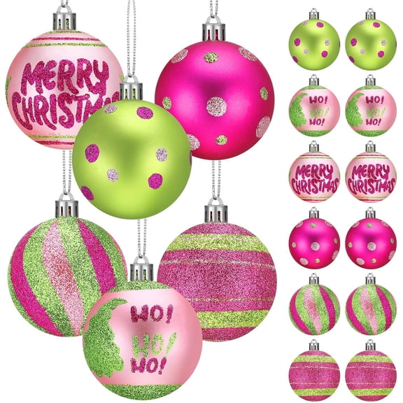 12 Pcs Pink Christmas Ornaments 2.4 Inch Ball Xmas Tree Hanging Green and Pink Ball Ornaments, Whimsical Christmas Decor, Shatterproof Plastic, Hanging for Holiday Party, Festive Ornaments