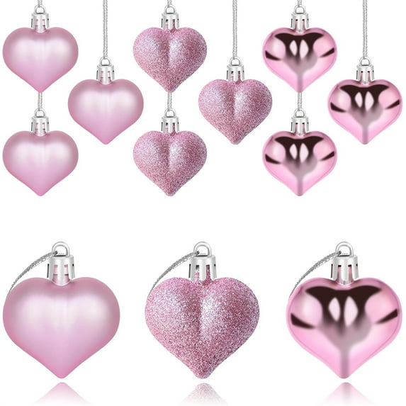12 Pcs Pink Heart Shaped Ornaments Christmas Tree Hanging Decorations Valentines Heart Shaped Baubles Ornaments Valentines Day Decor for Wedding Anniversary Party Supplies Home Tree Decorations