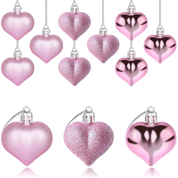 12 Pcs Pink Heart Shaped Ornaments Christmas Tree Hanging Decorations Valentines Heart Shaped Baubles Ornaments Valentines Day Decor for Wedding Anniversary Party Supplies Home Tree Decorations