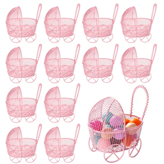 12 Pcs Pink Stroller Decorations, 3.1 in Iron Miniatures, Wired Fillable Candy Centerpieces, Party Favors, Vintage Wedding Accents, Dollhouse Table Accessories