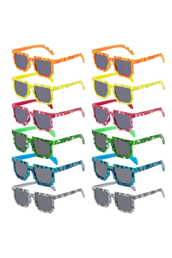 12 Pcs Block Sunglasses Set, 8-Bit Pixel Design Full Frame Eyewear in 6 Colors, UV Protection, Lightweight 21g, Fun Sun Glasses for Parties, Casual Wear, All Ages