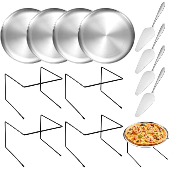 12 Pcs Pizza Pan Riser Stand Set, 4 Metal Pizza Table Stands + 4 Nonstick Pizza Pans + 4 Pie Servers, Pizza Rack & Tray for Baking, Dessert, Cheese, Party, and Restaurant Use (Silver)
