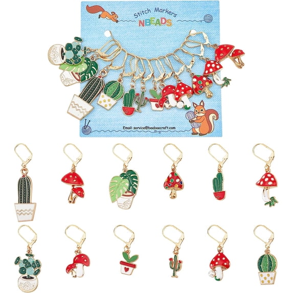 12 Pcs Plant Stitch Markers Cactus Leaf Mushroom Alloy Enamel Crochet Stitch Marker Charms Locking DIY Handmade Gift for Knitting Weaving Accessories Quilting Handmade Jewelry for DIY