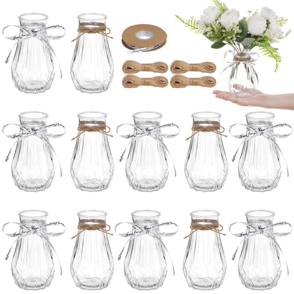12 Pcs Plastic Bud Vases, Clear Hydroponic Vases with Jute Twines & Wrapping Ribbon, Bulk Flower Vases for Centerpieces, Plant Containers for Flower Arrangement and Decoration