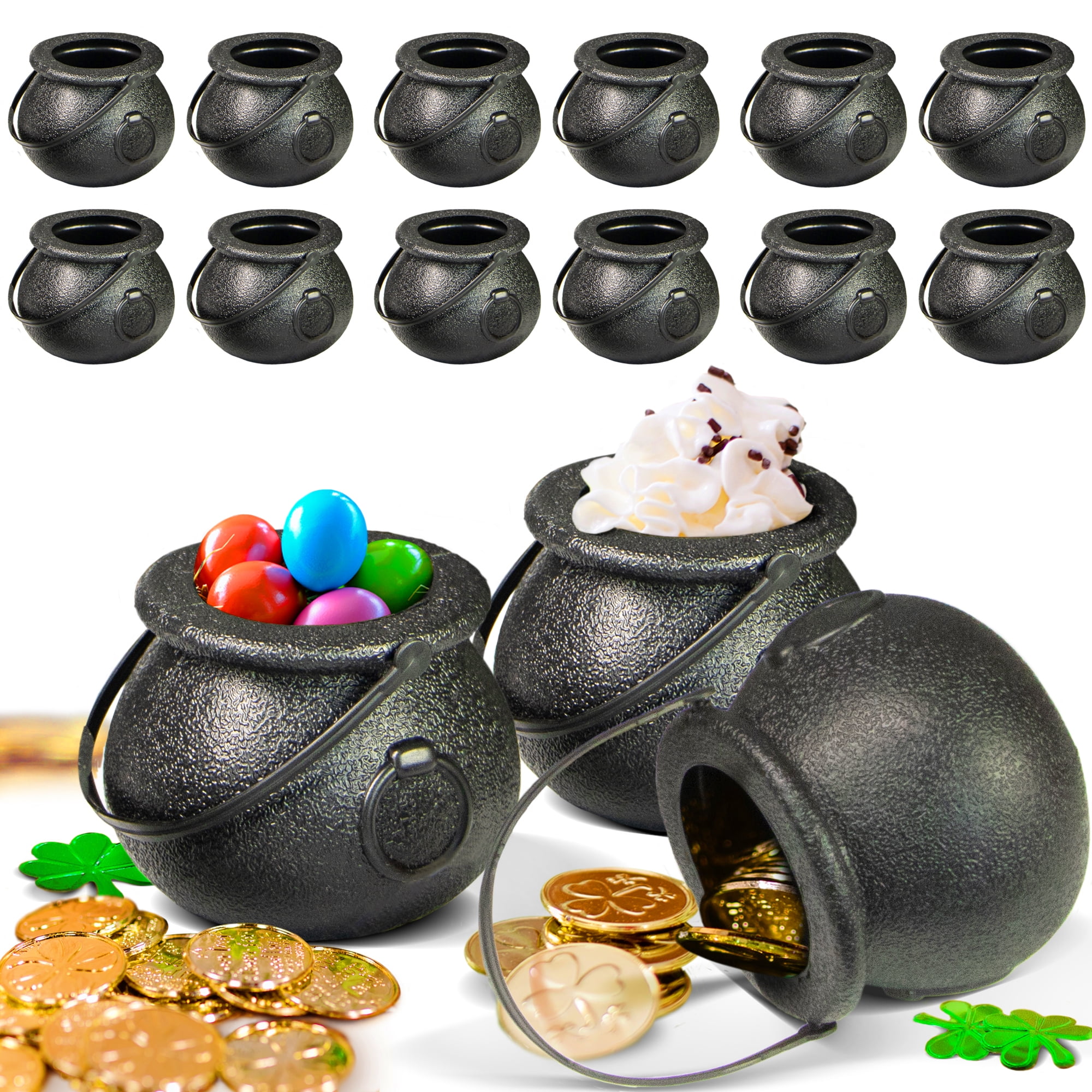 12 Pcs Plastic Candy Cauldrons - Mini Bucket Toys for St. Patricks Day Pot of Gold, Trick or Treat, Halloween Decoration and Kid Birthday Party Favors