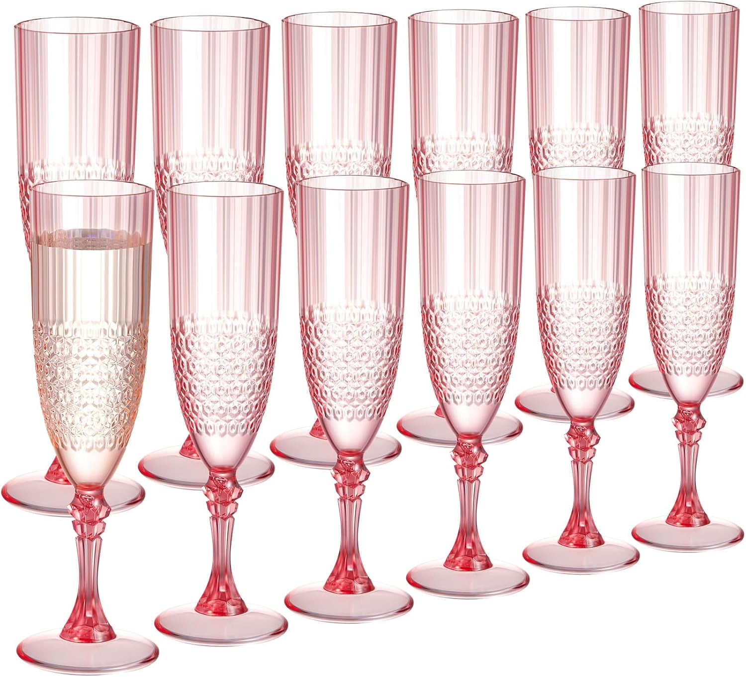 12 Pcs Plastic Champagne Flutes Pink Patterned Vintage Reusable
