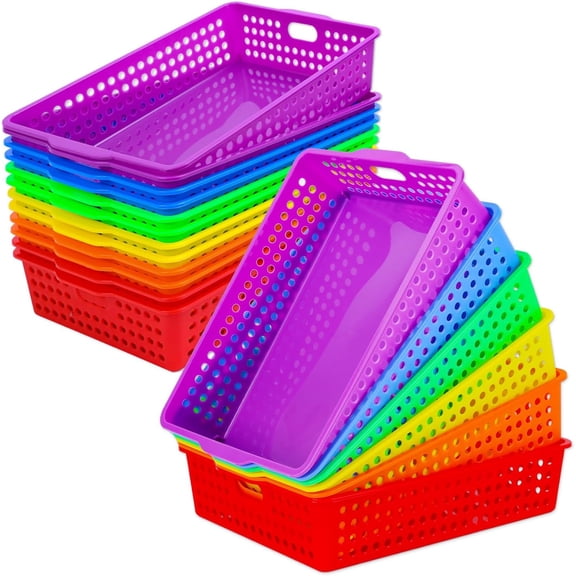 12 Pcs Plastic Classroom Storage Baskets 14 x 10 In A4 Size Colorful Stackable Organizer Bin with Handles