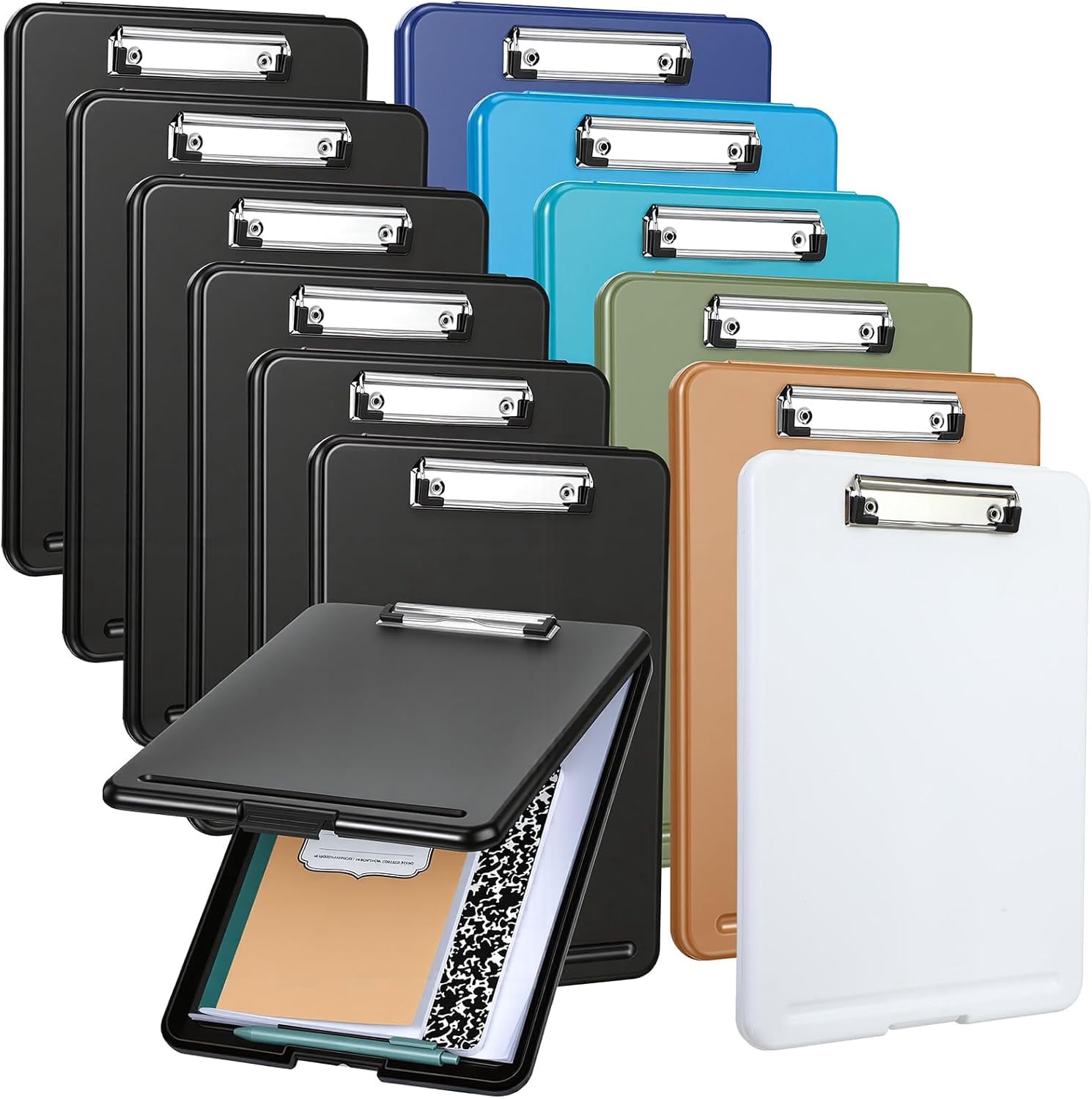 12 Pcs Plastic Clipboard with Storage Heavy Duty Portable Writing Boards for 150 Sheet A4 Paper with Pen Holder Large Capacity Clipboards for Nurse Teacher Student Classroom Office (Deep Color)