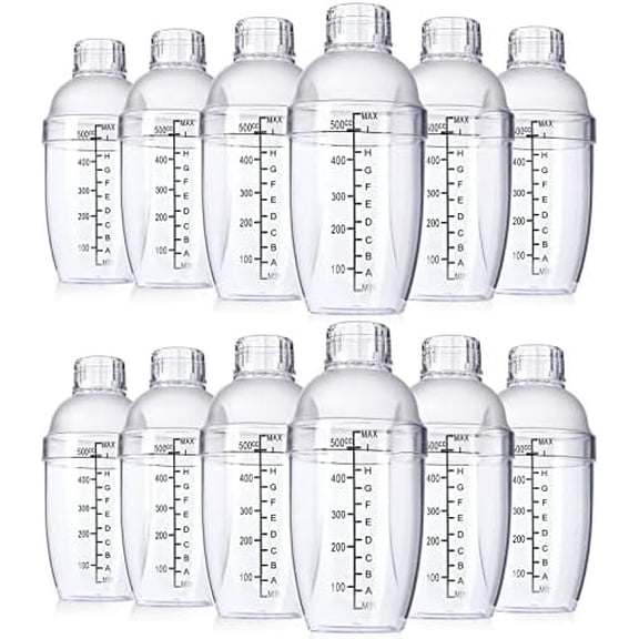 12 Pcs Plastic Cocktail Shaker Drink Mixer with Scales and Strainer Top Clear Shaker Cup with Measurement Plastic Bar Mixing Tool for Tea Coffee Bubble Tea Milk(550 Cc/ 19 oz)