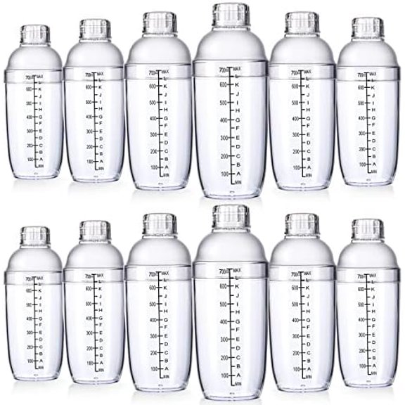 12 Pcs Plastic Cocktail Shaker Drink Mixer with Scales and Strainer Top Clear Shaker Cup with Measurement Plastic Bar Mixing Tool for Tea Coffee Bubble Tea Milk(700 Cc/ 24 oz)