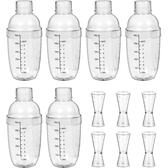 12 Pcs Plastic Cocktail Shaker Set, 6 Pcs 17 oz Cocktail Shaker and 6 Pcs Measuring Jigger Set Clear Wine Shaker Bar Mixing Tool Clear Drink Shaker for Kitchen Bar Party Tools