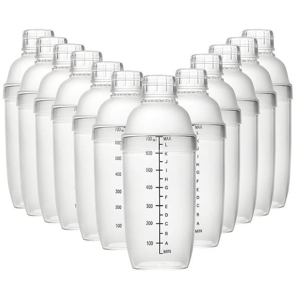 12 Pcs Plastic Cocktail Shakers, 700 ml/23.7 oz Drink Mixers with Scales & Strainers, Bar Mixing Tools, Mix Drinks for Bars, Restaurants, Tea Shops, and Home Use
