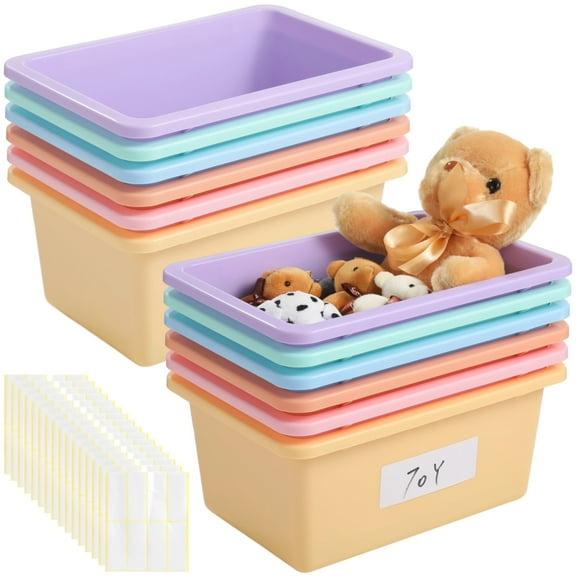 12 Pcs Plastic Cubby Bins with Labels, 11.4 x 7.7 x 4.9" Storage Bin Set, Stackable Organizer Bins, Storage Containers, Utility Boxes with Handles for Homes, Offices, Classrooms
