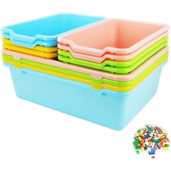12 Pcs Plastic Cubby Storage Bins, Stackable Book Bins for Classroom Office Home, 16 and 11 Inch Multi-Purpose Toy Storage Containers Organizer for Library Nursery (4 Colours)