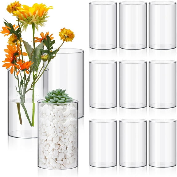 12 Pcs Plastic Cylinder Vase 6 Inch Acrylic Cylinder Clear Flower Vase Bulk Hurricane Candle Holder Round Wide Container Centerpiece for Home Office Wedding Decorations
