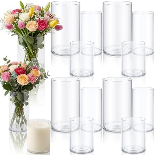 12 Pcs Plastic Cylinder Vases, 4" / 6'' / 8'' Tall Clear Flower Vase Set for for Wedding Decorations, Hurricane Floating Candle, Holder for Table Centerpiece Wedding Home Decorations