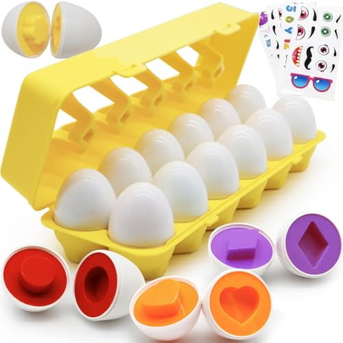 12 Pcs Plastic Easter Eggs Toys for Toddlers 1-3,Shape Sorter Puzzle Montessori Toys Color Matching Game Learning Activities Baby Easter Basket Stuffers Gifts for Kids 1 2 3 Year Old Girl Boy