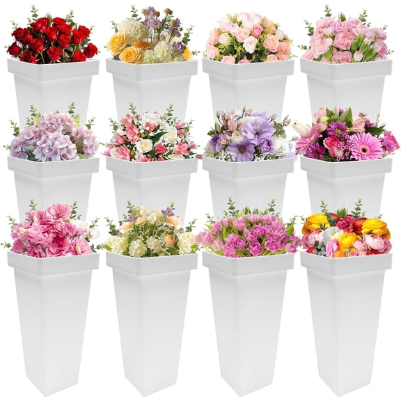 12 Pcs Plastic Flower Buckets, 13.4 Inch Square Floral Display Stand, Tall Vase for Cut Flowers, Indoor/Outdoor Home Wedding Bar Supplies