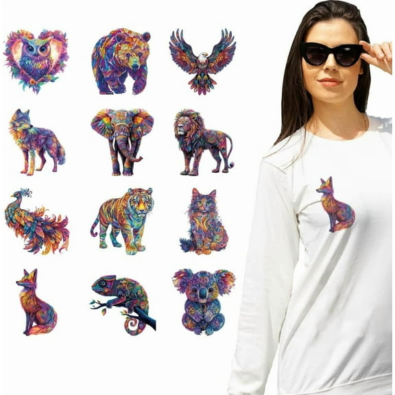 12 Pcs Plastic Iron-On Transfer Stickers Colorful Animal Theme Pattern Heat Transfer Film Sticker Set for DIY T-Shirt Bag Hat Jacket Clothing Curtain Decoration Accessories colorful DIY