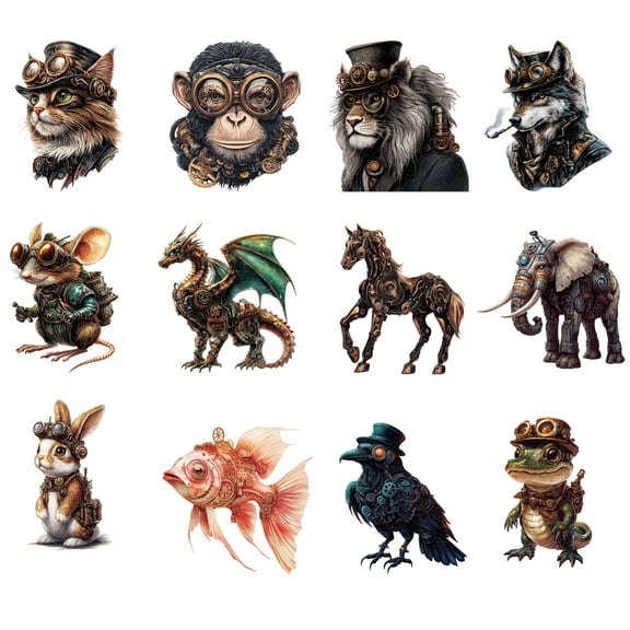 12 Pcs Plastic Iron-On Transfer Stickers Steampunk Mechanical Animal Theme Heat Transfer Film Sticker Set DIY