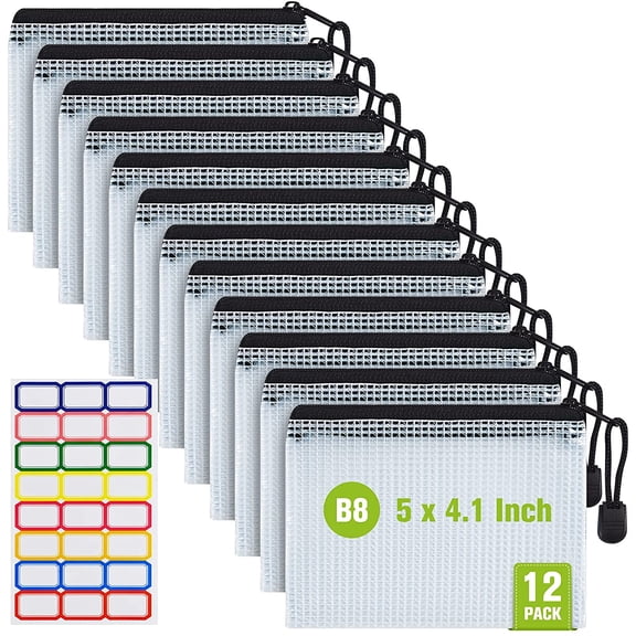 12 Pcs Plastic Mesh Zip File Bags, B8 Waterproof Tear-Resistant File Folder | 5×4.1 Inch Zipper Documents Pouch Document Organizer Bags for School Classroom Office Home Travel Storage, Black