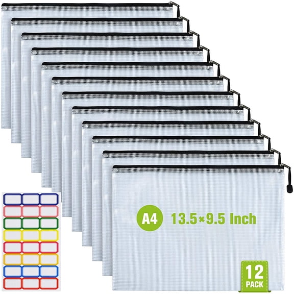 12 Pcs Plastic Mesh Zip File Bags, Waterproof Tear-Resistant Document File Folders, A4 Size Zipper Documents Pouch Document Organizer Bags for School Office Home Travel Storage(13.59.5Inch)