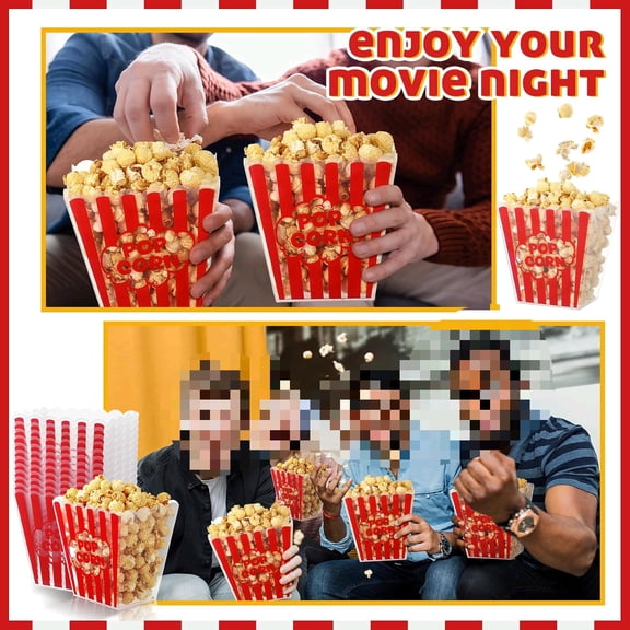 12 Pcs Plastic Popcorn Buckets Reusable Red White Sturdy Popcorn Containers Box for Movie Party Carnival Birthday Sleepover Retro Snack Bowls for Adults, 6.3 Inch Tall x 4.7 Inch Square