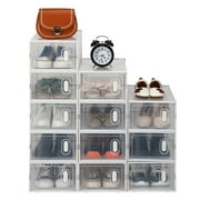 12 Pcs Plastic Shoe Storage Box, White PS Stackable Foldable Shoe Box with Transparent Door, Clamshell Design Lightweight Portable Shoe Organizer, Fit US 5-10 EU 37-44 Shoes for Home Use