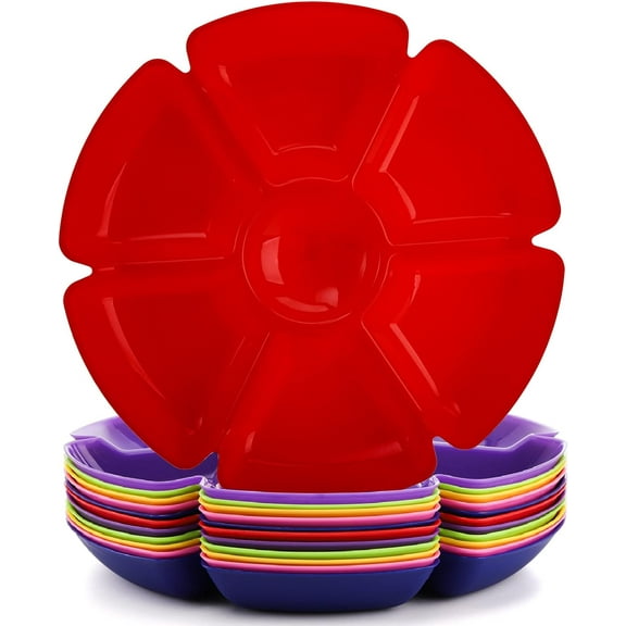 12 Pcs Plastic Snack Serving Tray, 12 Inch Unbreakable Chip and Dip Divided Serving Plates, Round 7 Compartments Multifunctional Food Platter for Snack, Nuts, Candy, Dried Fruit, Veggies