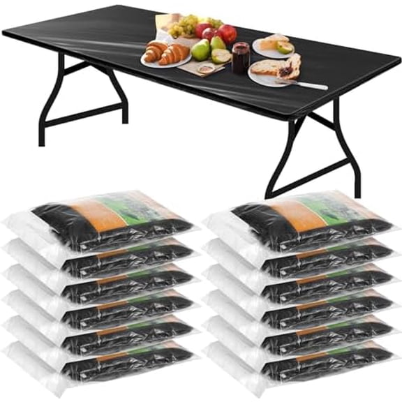 12 Pcs Plastic Table Cloths Disposable for Parties Picnic Table Covers with Fall Elastic Fitted Elastic Cover Rectangle Waterproof for Thanks Giving Christmas Picnic(6 Ft, 72 x 30 Inch,Black)