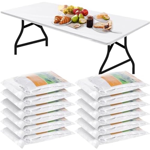 12 Pcs Plastic Table Cloths Disposable for Parties Picnic Table Covers with Fall Elastic Fitted Elastic Cover Rectangle Waterproof for Thanks Giving Christmas Picnic(6 Ft, 72 x 30 Inch,White)