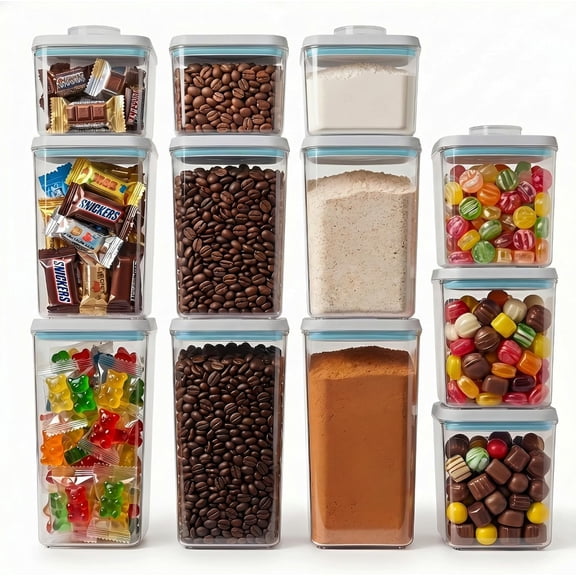 12 Pcs Pop Airtight Food Storage Containers with Lids Stackable Containers for Kitchen Pantry Organization Ideal for Cereal Snacks Flour Sugar Coffee and Spaghetti, 3.4Qt, 2.8Qt, 2.1Qt, 1.2Qt