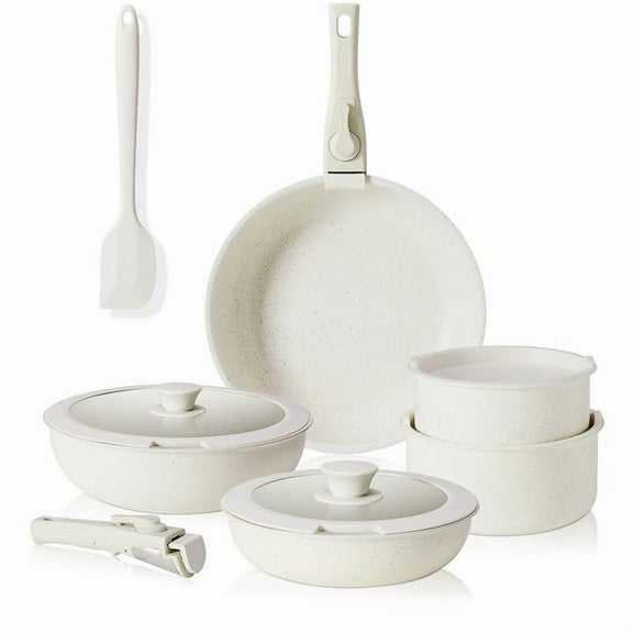 12 Pcs Pots and Pans Set, White Granite Nonstick Cookware Sets Detachable Handle, Stackable Induction Kitchen Cooking Set, Stain & Scratch-resistant