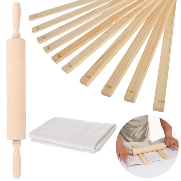12 Pcs Pottery Tools Kit, Clay Tools Sculpting Kit, Includes 10 Wood Rolling Mud Sticks, 1 Rolling Pin, and 1 Breathable Linen Tablecloth, Ideal for Pottery Classes and DIY Projects