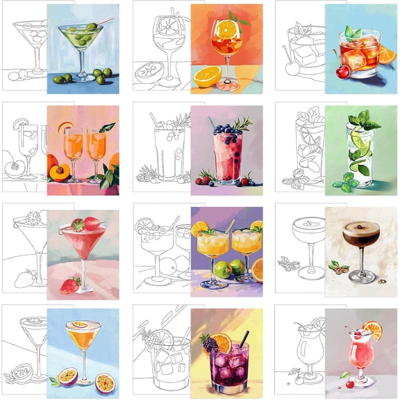 12 Pcs Pre Drawn Canvas for Painting for Adults 8 x 8 Inch Canvas Painting Kits Stretched with Drawing Ready to Paint Beginner Artists Date Night Party Supplies(Cocktail)