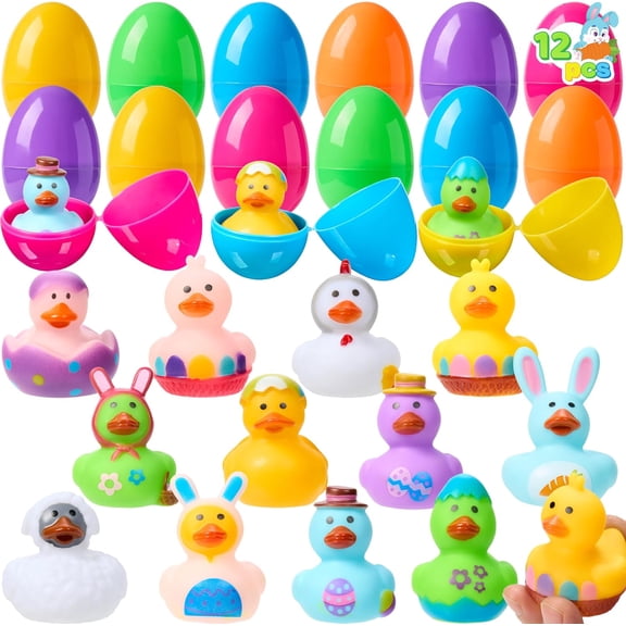 12 Pcs Prefilled Easter Eggs with Rubber Ducks Bath Toys, Basket Stuffers for Toddlers & Babies, Kids Party Favors, Easter Egg Hunt, Classroom Prizes for Kids