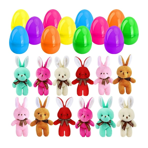 12 Pcs Prefilled Easter Eggs of Mini Stuffed Animal Plush Toys Basket Stuffer for Kids Easter Egg Filler and Party Favors, Classroom Prize Supplies