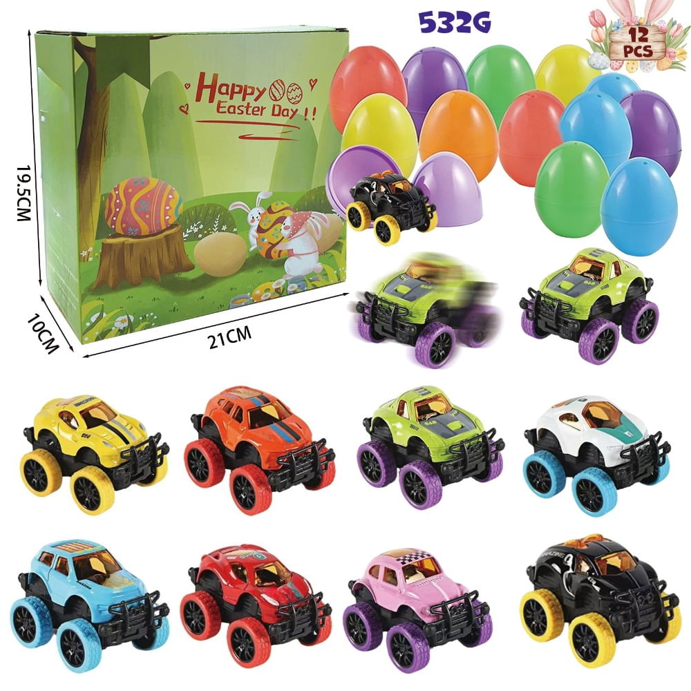 12 Pcs Prefilled Easter Eggs with Mini Cute Pull Back Alloy Car Toys for Easter Basket Stuffers Egg Hunt Party Favors Classroom Prizes