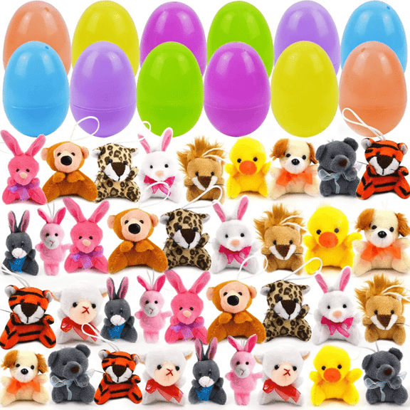 12 Pcs Prefilled Easter Eggs with Plush Animals, Mini Stuffed Animal Toys in Plastic Eggs, Easter Egg Hunt Party Favors for Kids Boys Girls