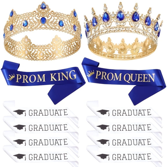 12 Pcs Prom Crown and Sash Set, Rhinestone King Queen Crowns Satin Graduate Sashes for Graduation Prom Party Celebration and Formal Event Decorations