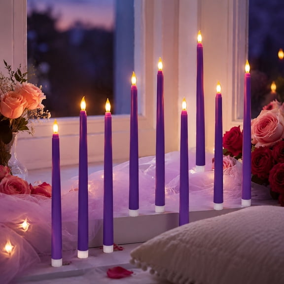 12 Pcs Purple Flameless Taper Candles, 11 inch Flickering LED Candles Battery Operated, Realistic Window Candles for Wedding, Dining Table Thanksgiving, Christmas Centerpieces (No Batteries)