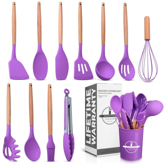 12 Pcs Purple Kitchen Utensils Set with Holder  Versatile Silicone Utensils Set for Cooking and Baking, Gentle on Pots and Pans, Heat-Resistant, Stylish, Easy to Clean, Purple Kitchen Accessories