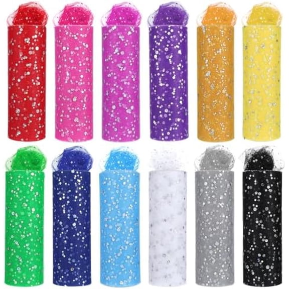 12 Pcs Rainbow Glitter Tulle Rolls 6 Inch by 10 Yards Tulle Rolls Netting Fabric Shiny Sequin Tulle Ribbon Craft Fabric for Tutu Skirts Sewing Birthday Wedding Baby Shower Party Decoration