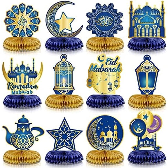 12 Pcs Ramadan Mubarak Decorations Eid Mubarak Honeycomb Centerpieces Decor Blue and Gold Moon Star Lantern Table Toppers Supplies for Eid Al Fitr Party Muslim Islamic Holiday Favors
