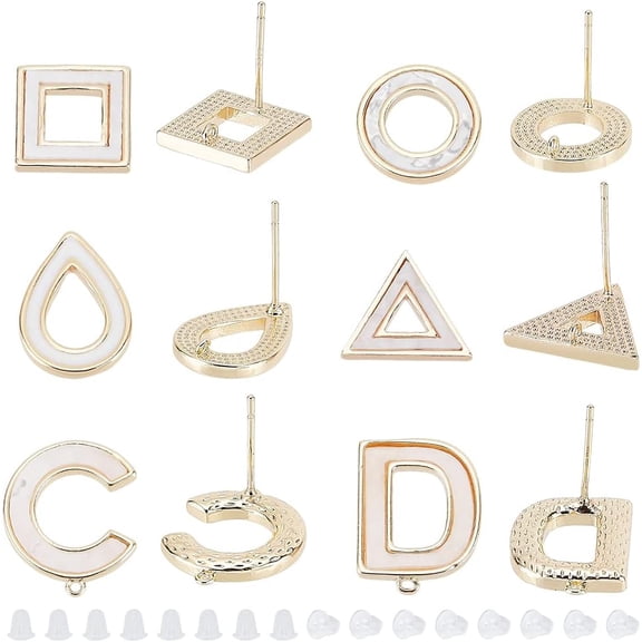 12 Pcs Real 18k Gold Plated Brass Earrings 6 Mixed Styles with Hoop Earrings Including Hoop Square and Triangle Teardrop Letter Shape with 30 Plastic Ear Plugs for DIY Earrings