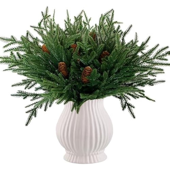 12 Pcs Realistic Norfolk Pine Branches, 18 Inch Real Feel Pine Stems with 6 Big Pinecone Stems for DIY Crafts Garland Wreath Xmas Indoor/Outdoor Home Decor